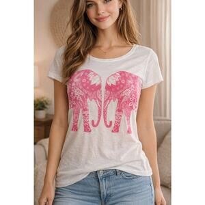 Crown & Ivy Elephant Graphic Tee Pink Sequins Short Sleeve 100% Cotton Women L